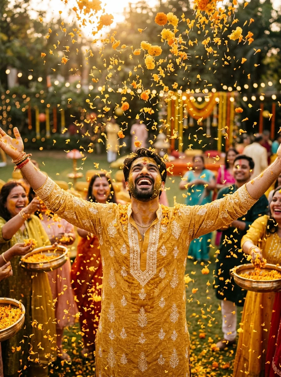Indian groom with marigold petals shower during Haldi ceremony AI prompt