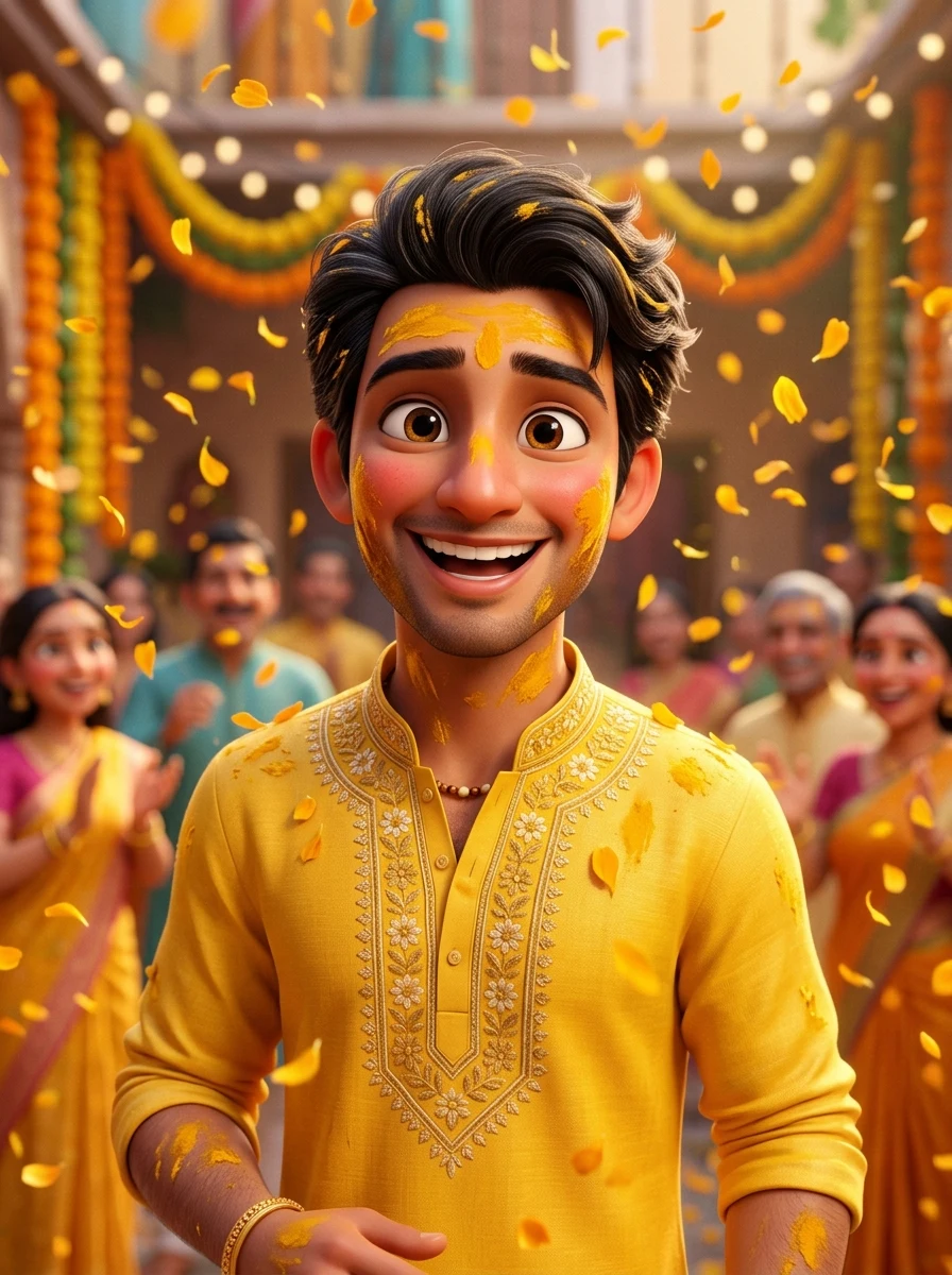 3D Pixar cute Indian groom Haldi ceremony animation prompt
