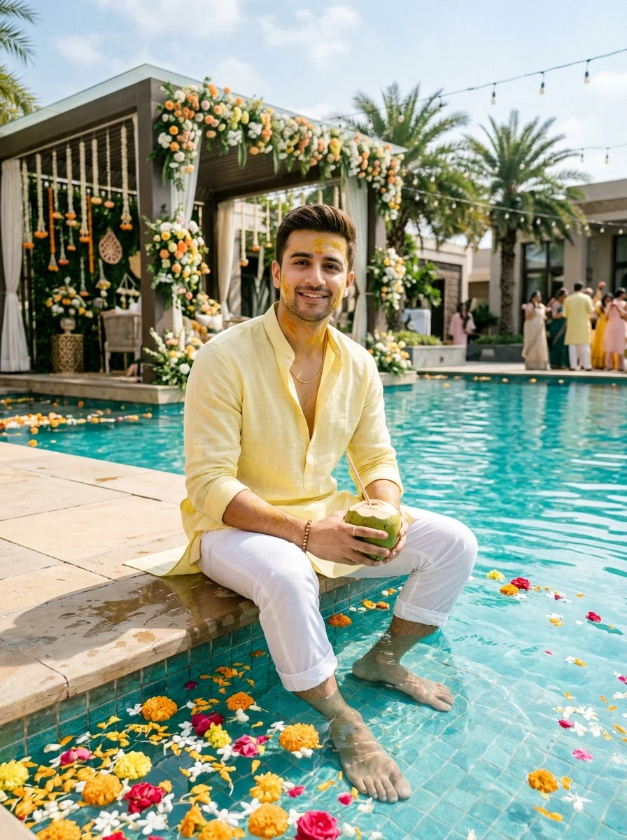 Modern pastel lemon yellow linen kurta Haldi groom poolside prompt