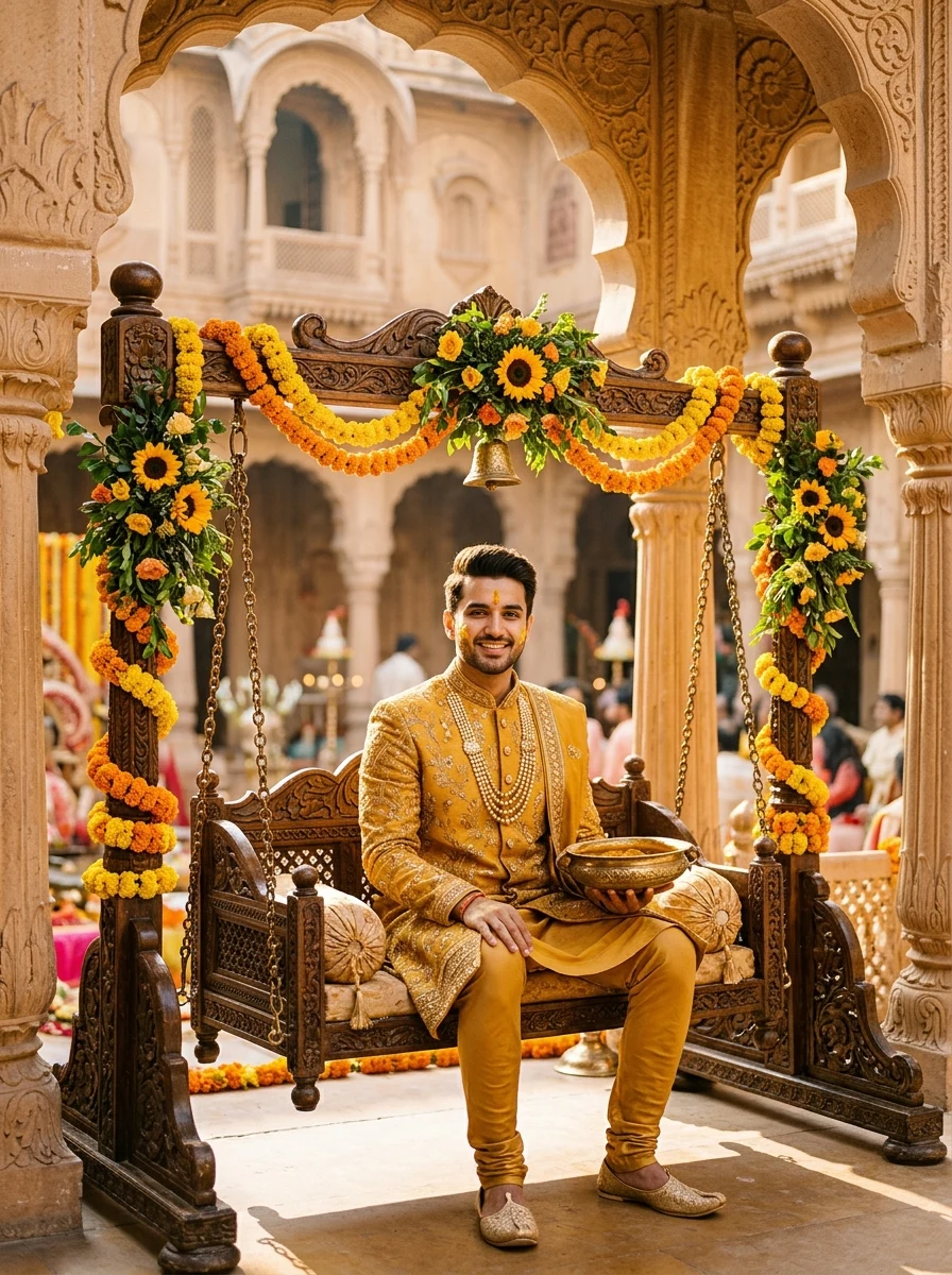 Indian groom on royal wooden swing during Haldi ceremony AI photo prompt