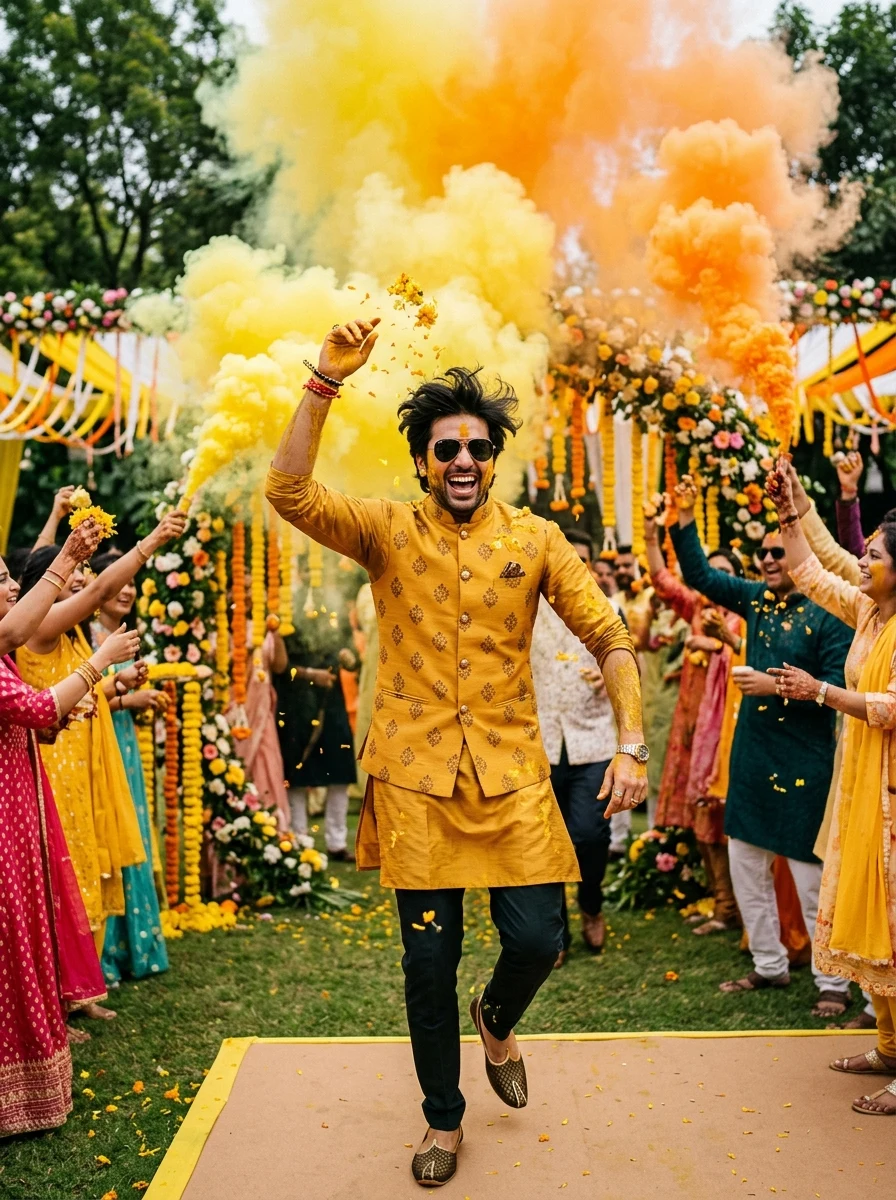 Indian groom smoke bomb entrance during Haldi ceremony AI photo prompt