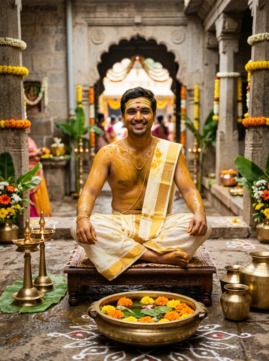 South Indian groom Mangala Snanam Haldi ceremony silk veshti prompt
