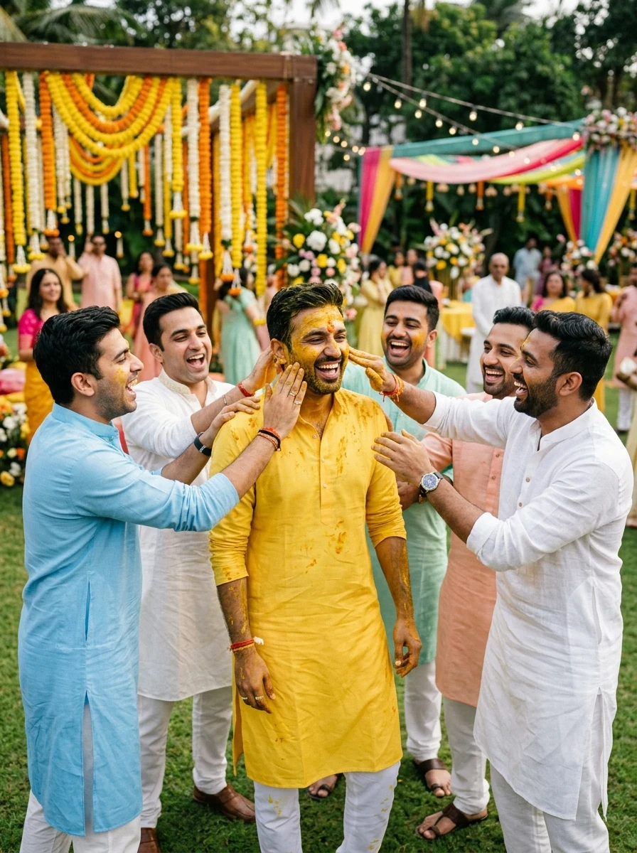 Indian groom with groomsmen friends celebrating Haldi ceremony AI photo prompt