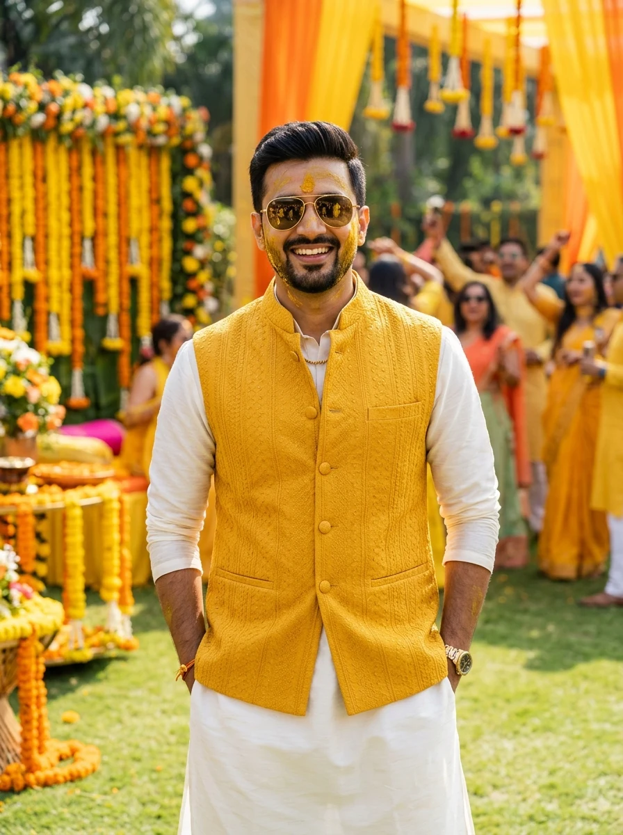 Modern Indian groom with sunglasses in yellow Nehru jacket during Haldi ceremony prompt