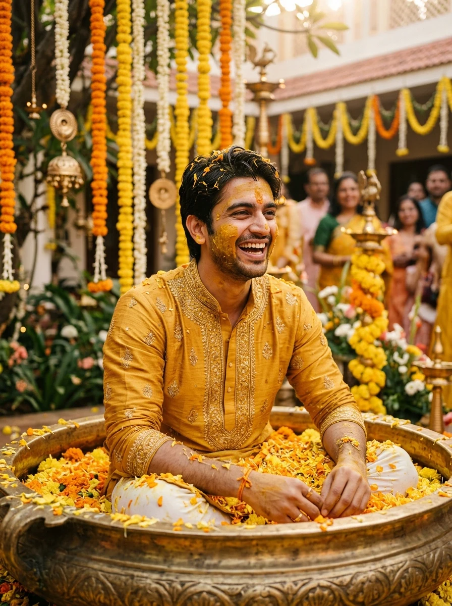 Indian groom in brass urli tub with marigold flowers during Haldi ceremony AI photo prompt