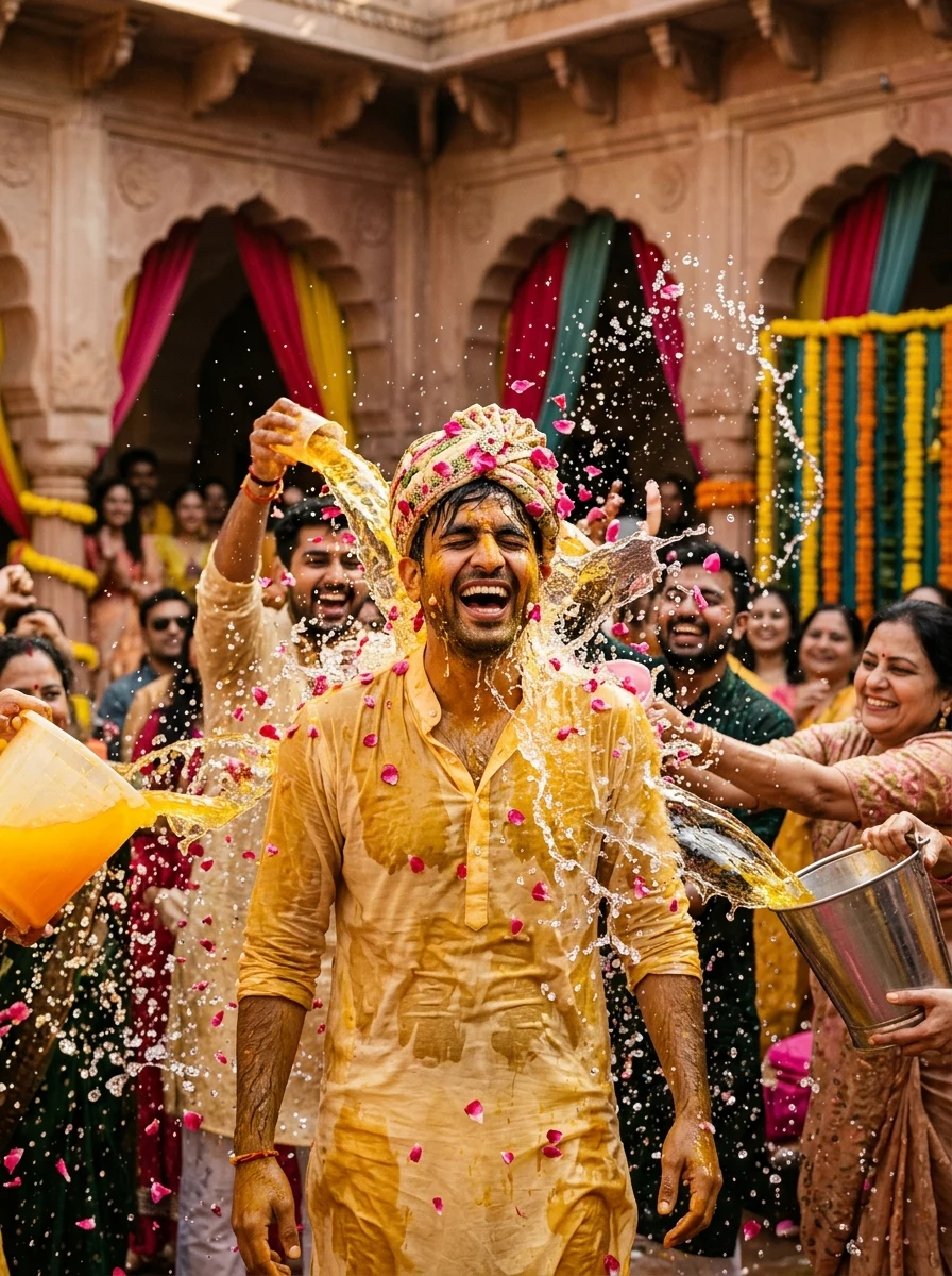 Dynamic water splash Haldi ceremony groom candid AI photo prompt