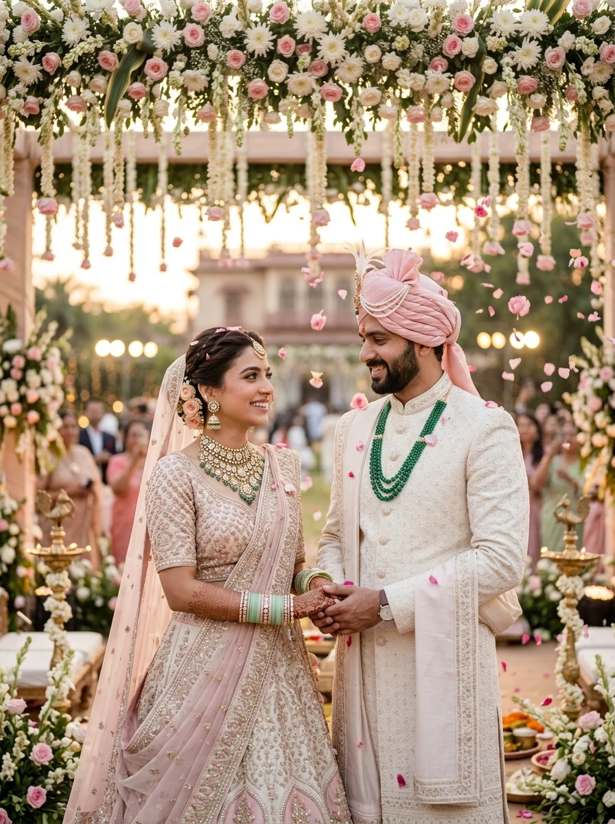 Pastel blush pink and ivory royal mandap couple traditional Indian wedding prompt for Gemini AI