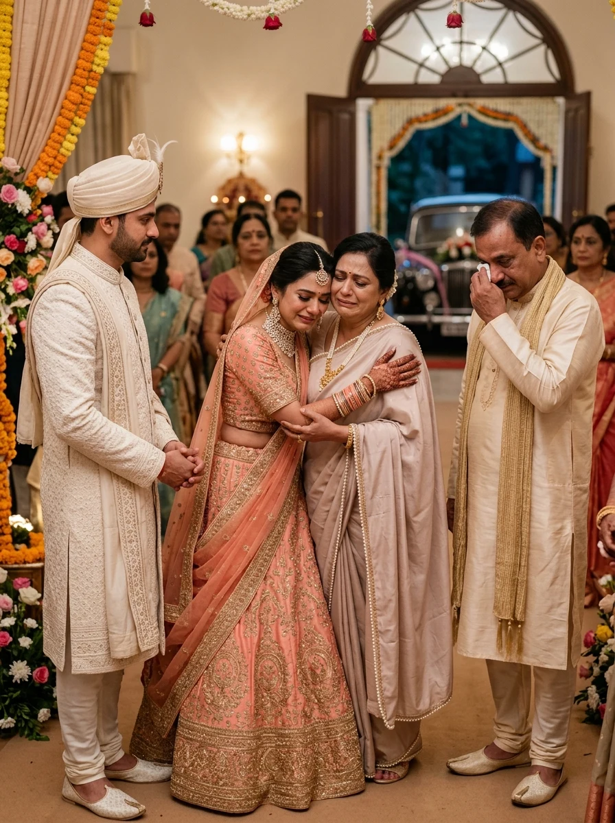 Emotional Vidaai ceremony with parents Indian traditional marriage prompt Gemini