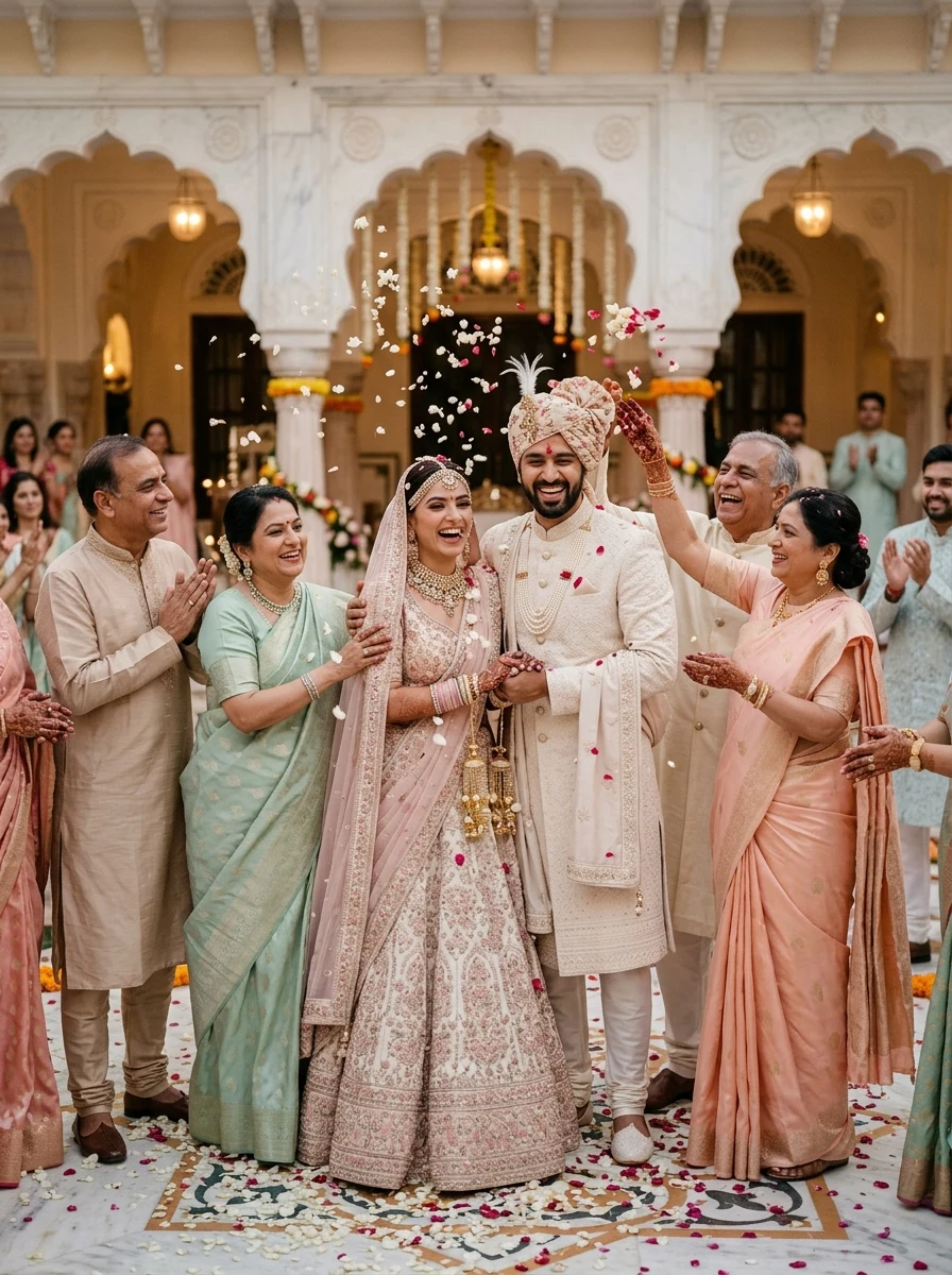 Grand family blessing and petal shower pastel Indian traditional marriage prompt Gemini