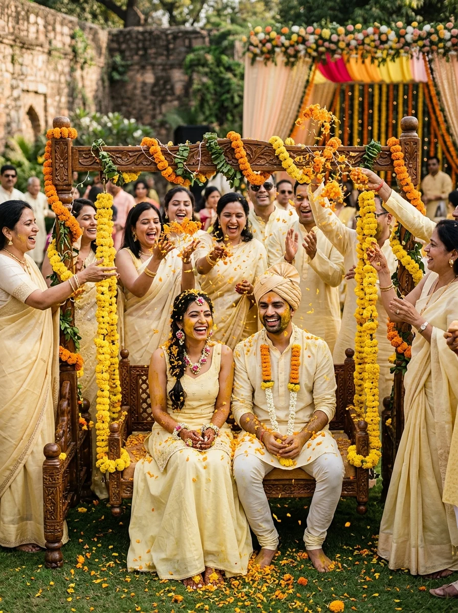 Haldi ceremony petal shower with family Indian traditional marriage prompt Gemini