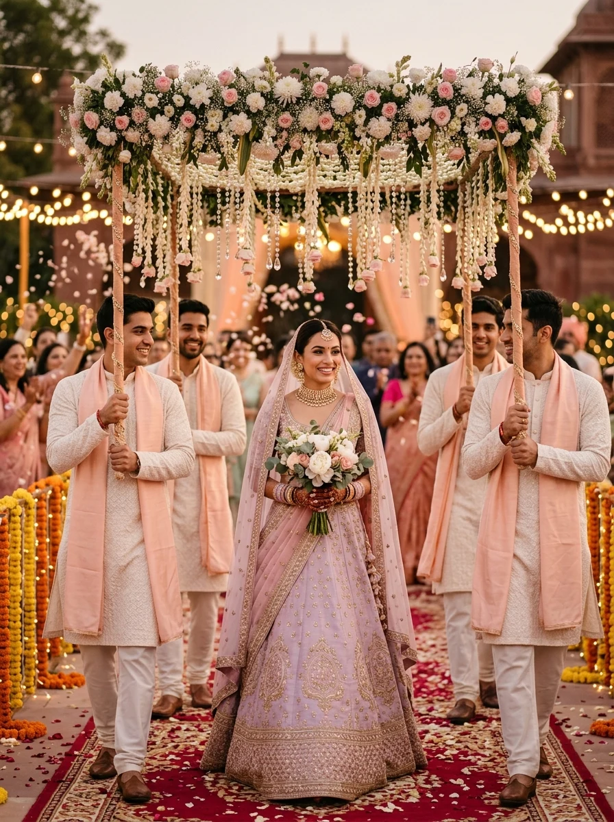Pastel floral chaddar bridal entry with brothers Indian traditional wedding prompt for Gemini