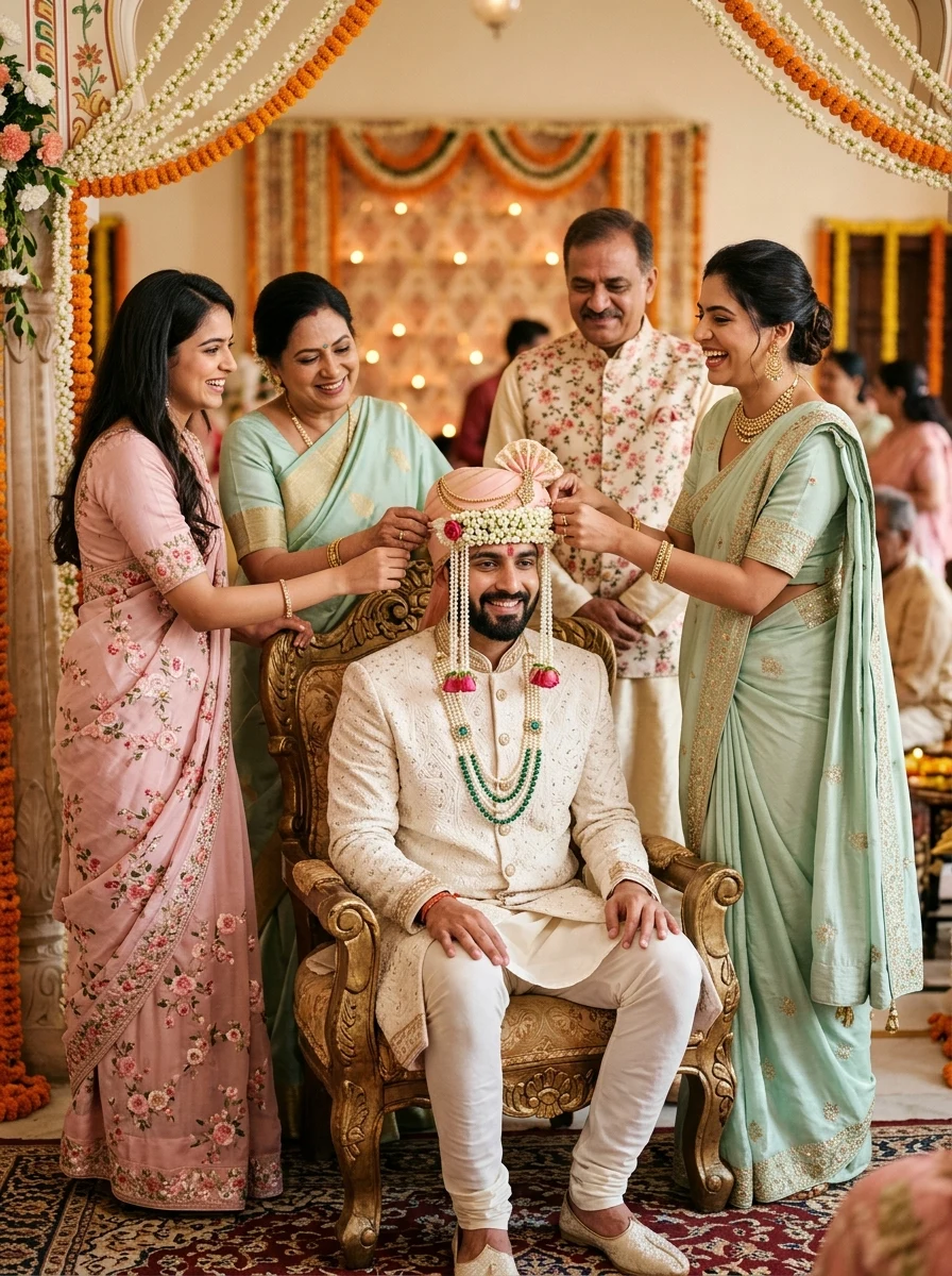Groom Sehra Bandi ritual with family Indian traditional marriage prompt Gemini