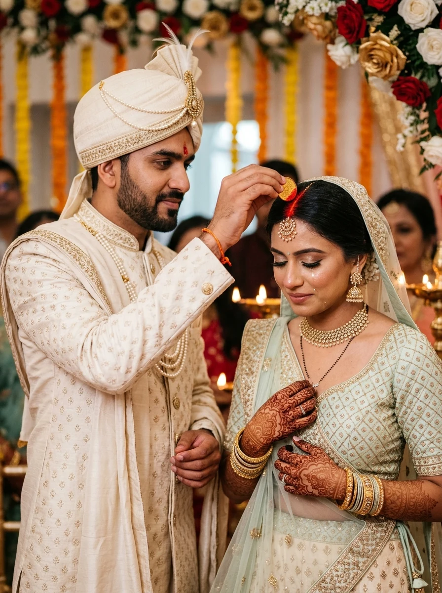 Sindoor daan and mangalsutra sacred ritual Indian traditional wedding prompt for Gemini