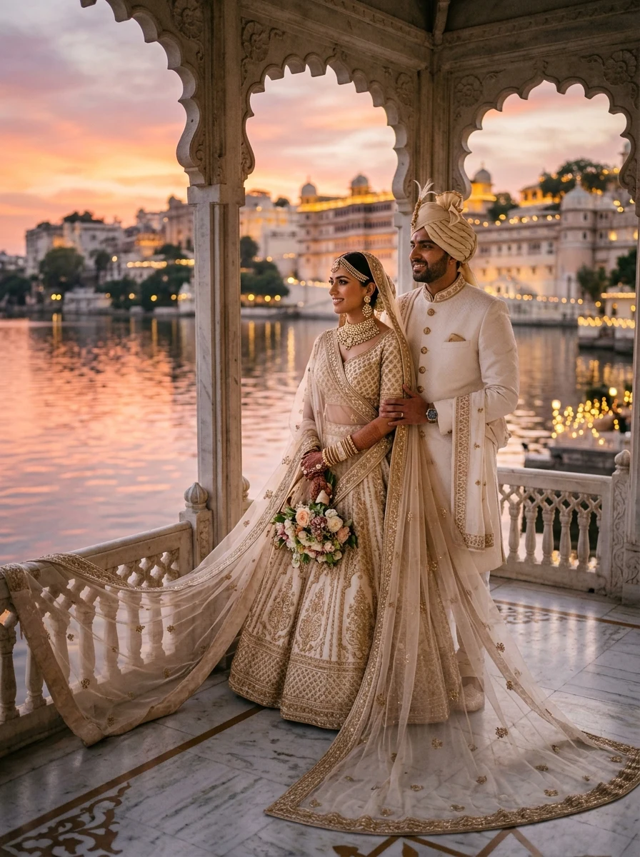 Royal Udaipur palace lakeside sunset couple portrait Indian traditional wedding prompt for Gemini