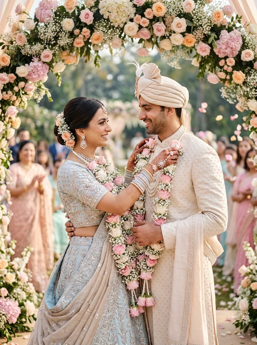 Powder blue and champagne varmala garland exchange Indian traditional wedding prompt for Gemini