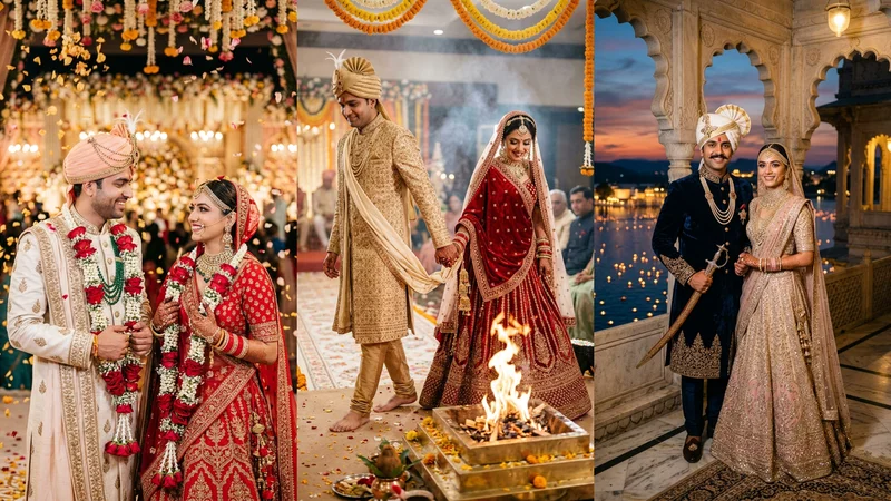Indian wedding photo prompt for gemini - 12+ realistic hindu wedding photoshoot looks 3-frame banner