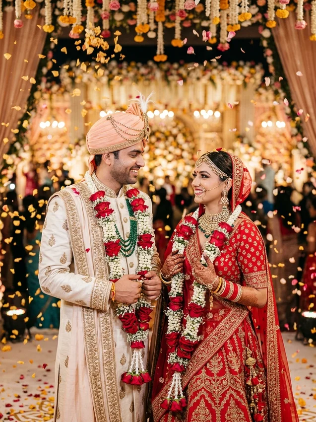 Indian wedding photo prompt for gemini - royal varmala jaimala floral stage petal shower