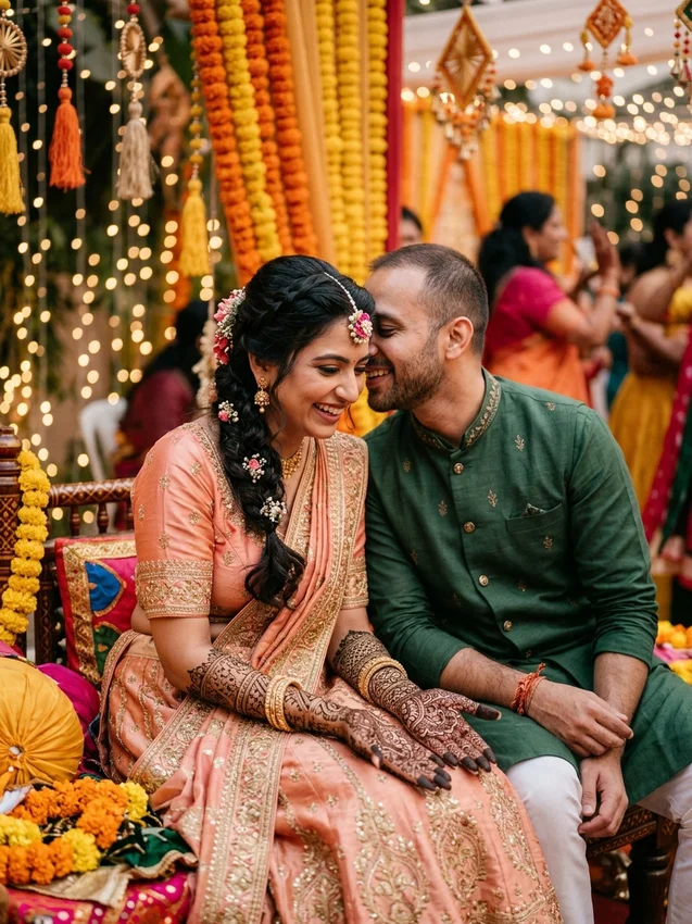 Indian wedding photoshoot prompts for gemini - mehndi night intricate henna hands intimate whisper