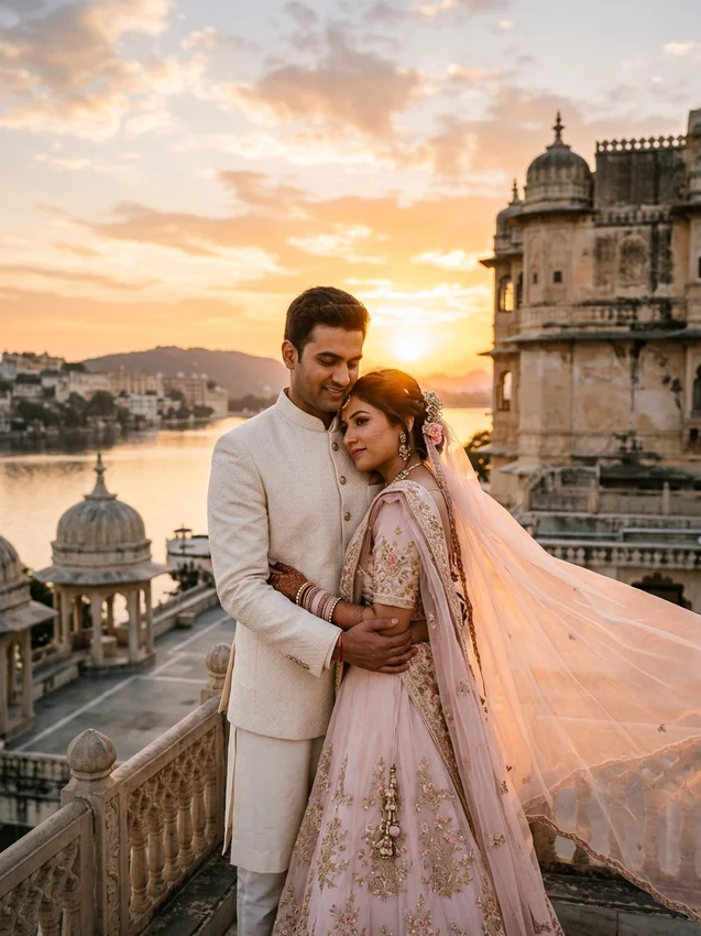 Indian wedding photo prompt for gemini - post wedding sunset terrace romantic embrace