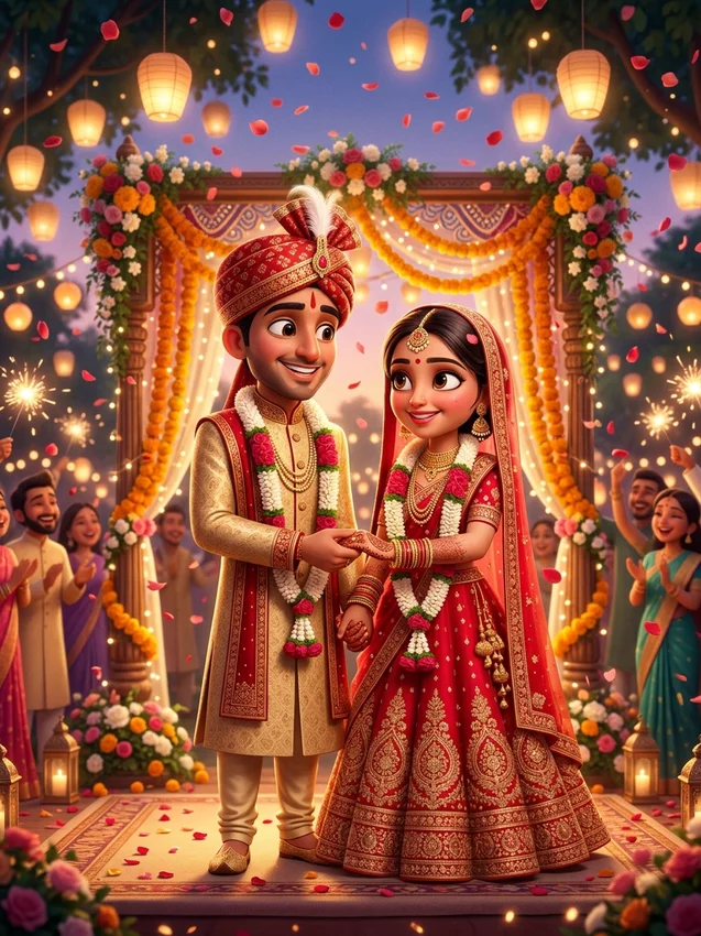 Indian wedding image prompt for gemini - pixar 3d animated cute indian wedding couple
