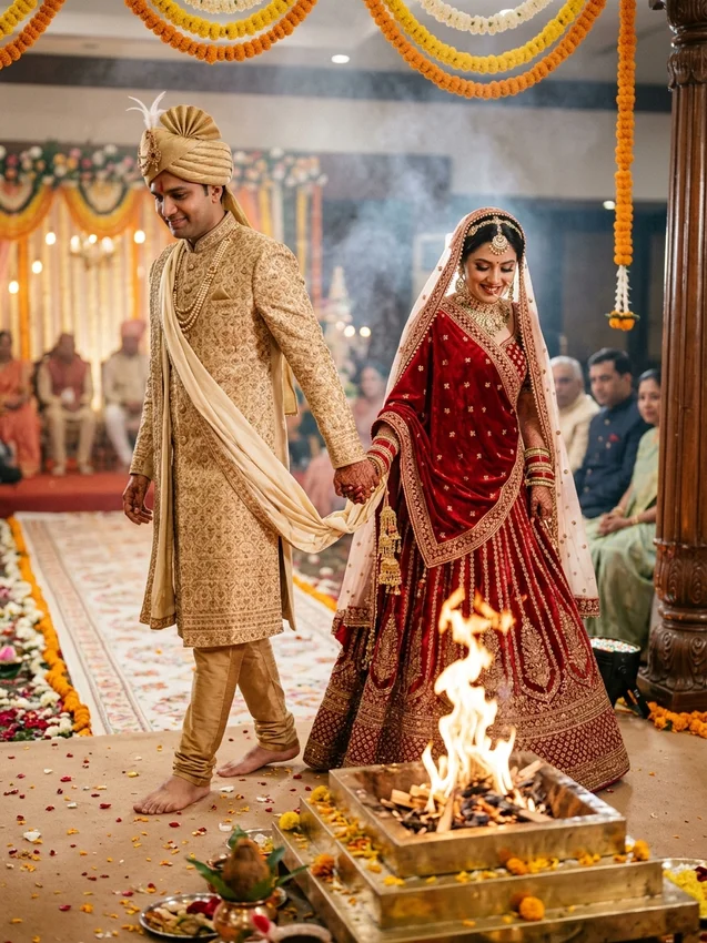 Hindu wedding photo prompt for gemini - saat phere saptapadi around sacred fire