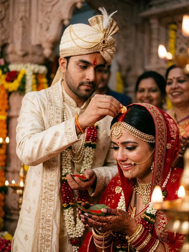 Indian wedding photoshoot prompts for gemini - emotional sindoor daan ritual close up