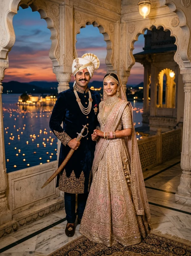 Indian wedding image prompt for gemini - royal udaipur heritage palace balcony couple