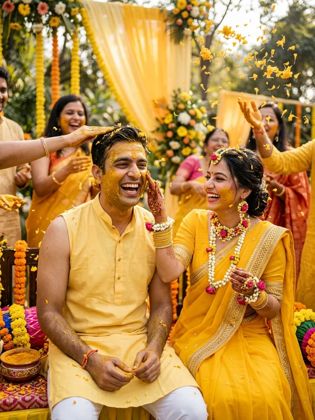 Indian wedding photo prompt for gemini - haldi ceremony turmeric splashes marigold