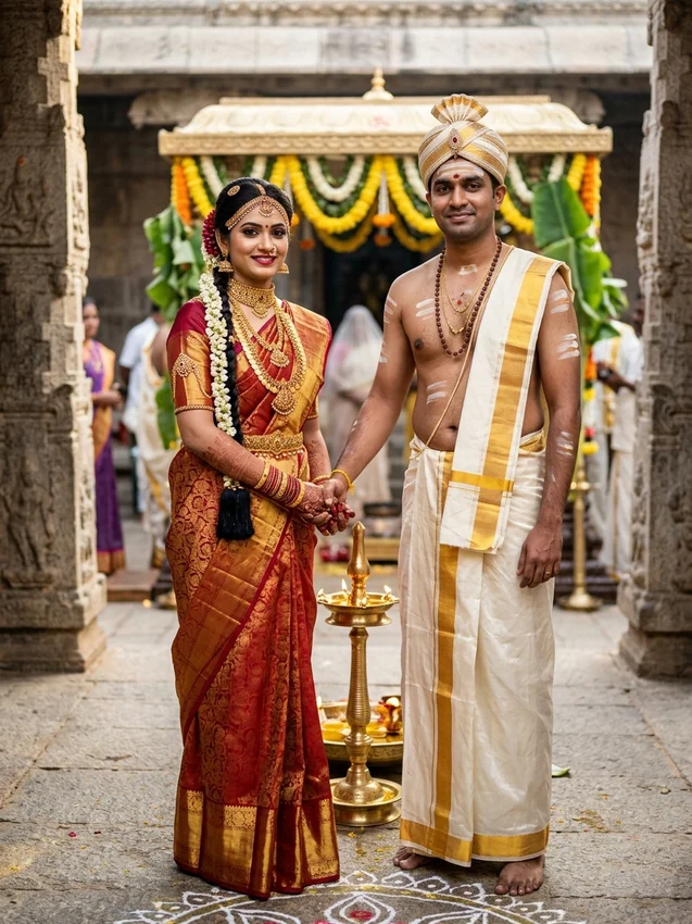 Hindu wedding photo prompt for gemini - south indian kanjeevaram saree and veshti kalyanam