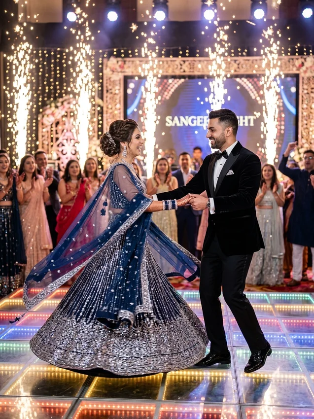 Indian wedding photoshoot prompts for gemini - sangeet night bollywood dance cold sparklers