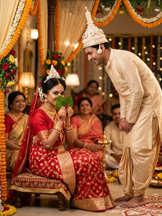 Indian wedding image prompt for gemini - bengali shubho drishti betel leaf ceremony