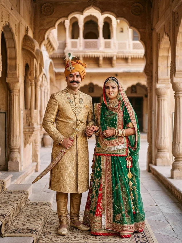 Hindu wedding photo prompt for gemini - rajput royal jaipur palace achkan sherwani poshak