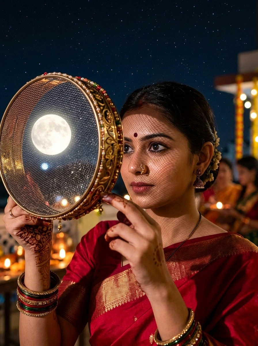iPhone lock screen wallpaper: Indian woman in crimson saree looking at full moon through traditional sieve