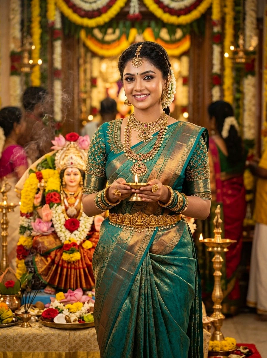 iPhone lock screen wallpaper: Beautiful South Indian woman in emerald green Kanjivaram saree with gold waistbelt