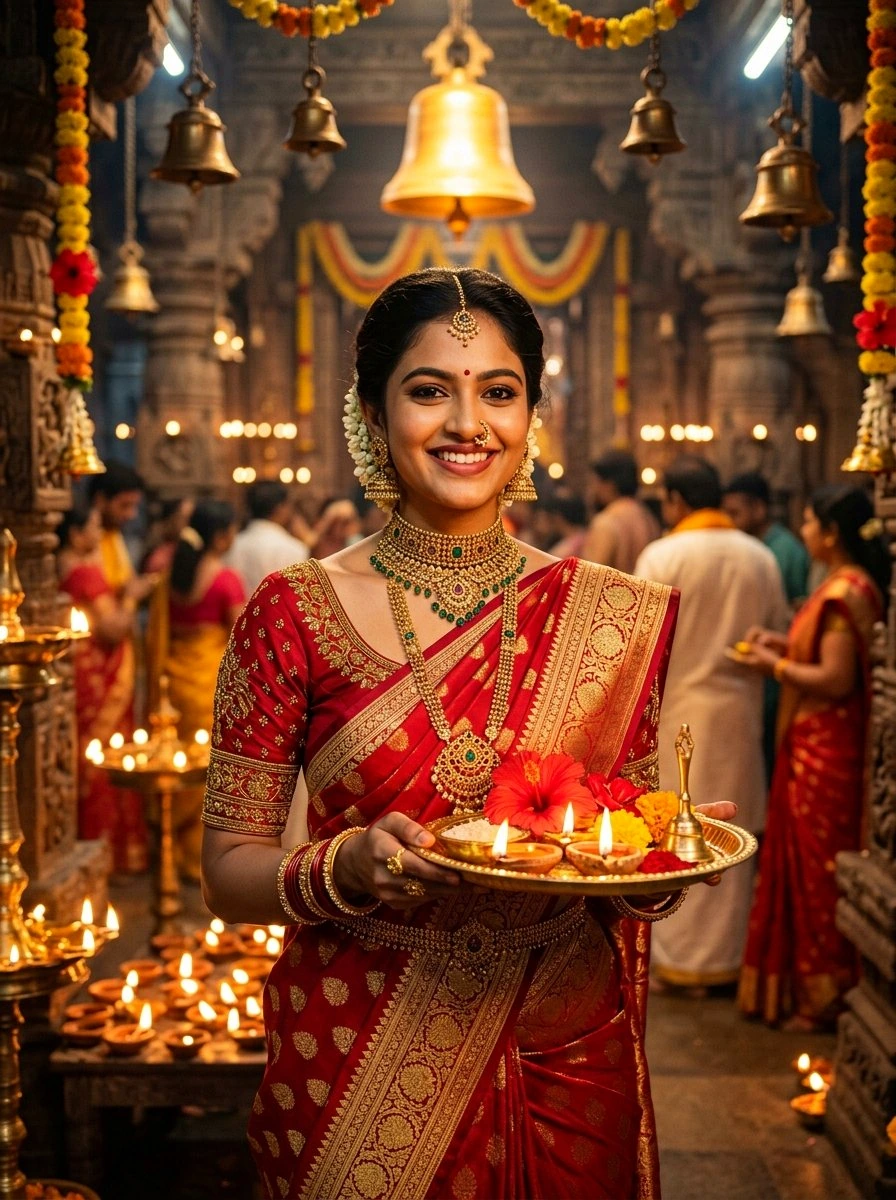 iPhone lock screen wallpaper: Beautiful Indian woman in red Banarasi silk saree holding aarti thali in temple