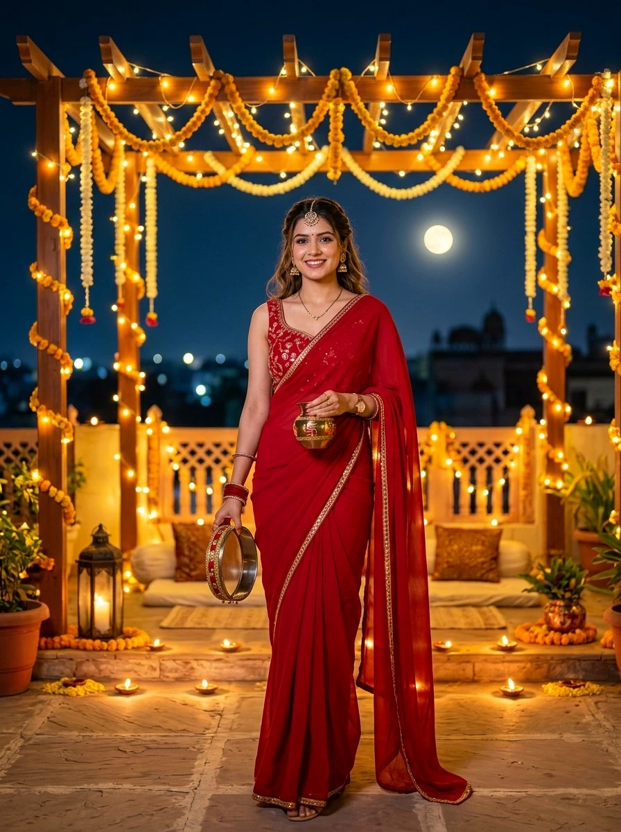 iPhone lock screen wallpaper: Indian woman in flowing red chiffon saree standing in illuminated wooden gazebo