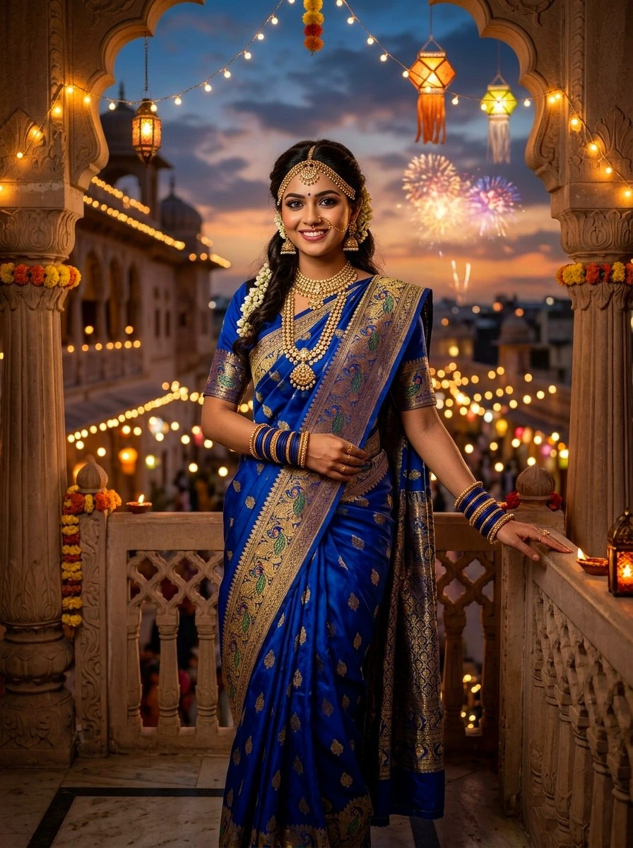 iPhone lock screen wallpaper: Elegant Indian woman in royal blue silk saree on palace balcony with fireworks