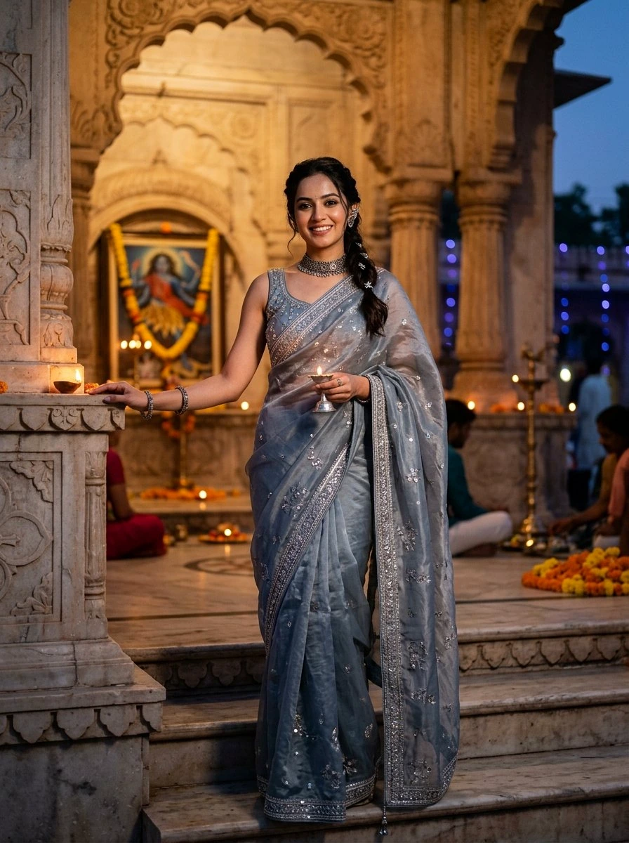 iPhone lock screen wallpaper: Modern Indian woman in silver-grey organza saree holding silver diya in marble temple