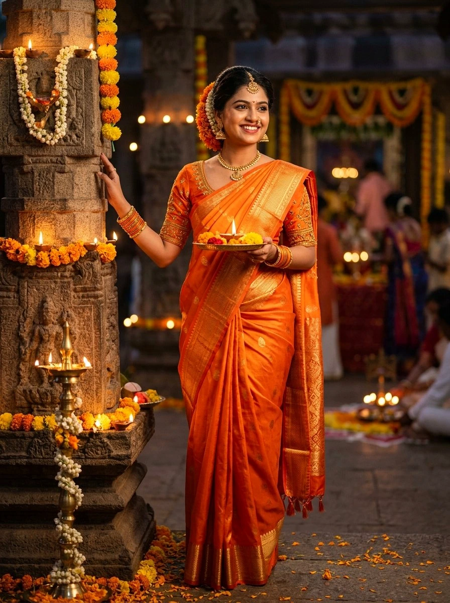 iPhone lock screen wallpaper: Indian woman in sunset orange saree standing beside carved temple pillar
