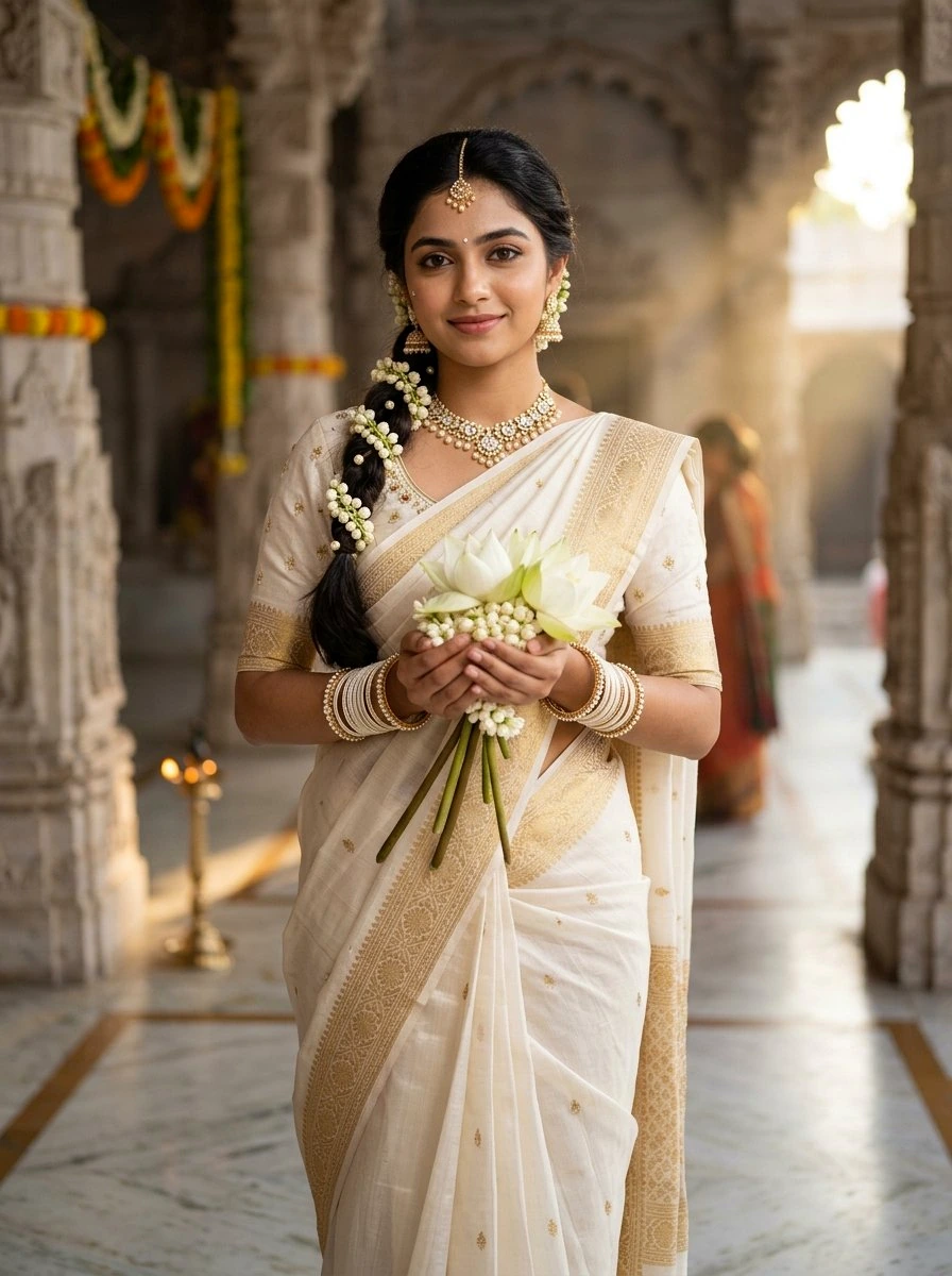 iPhone lock screen wallpaper: Serene Indian woman in white and gold silk saree holding lotus flowers in temple corridor