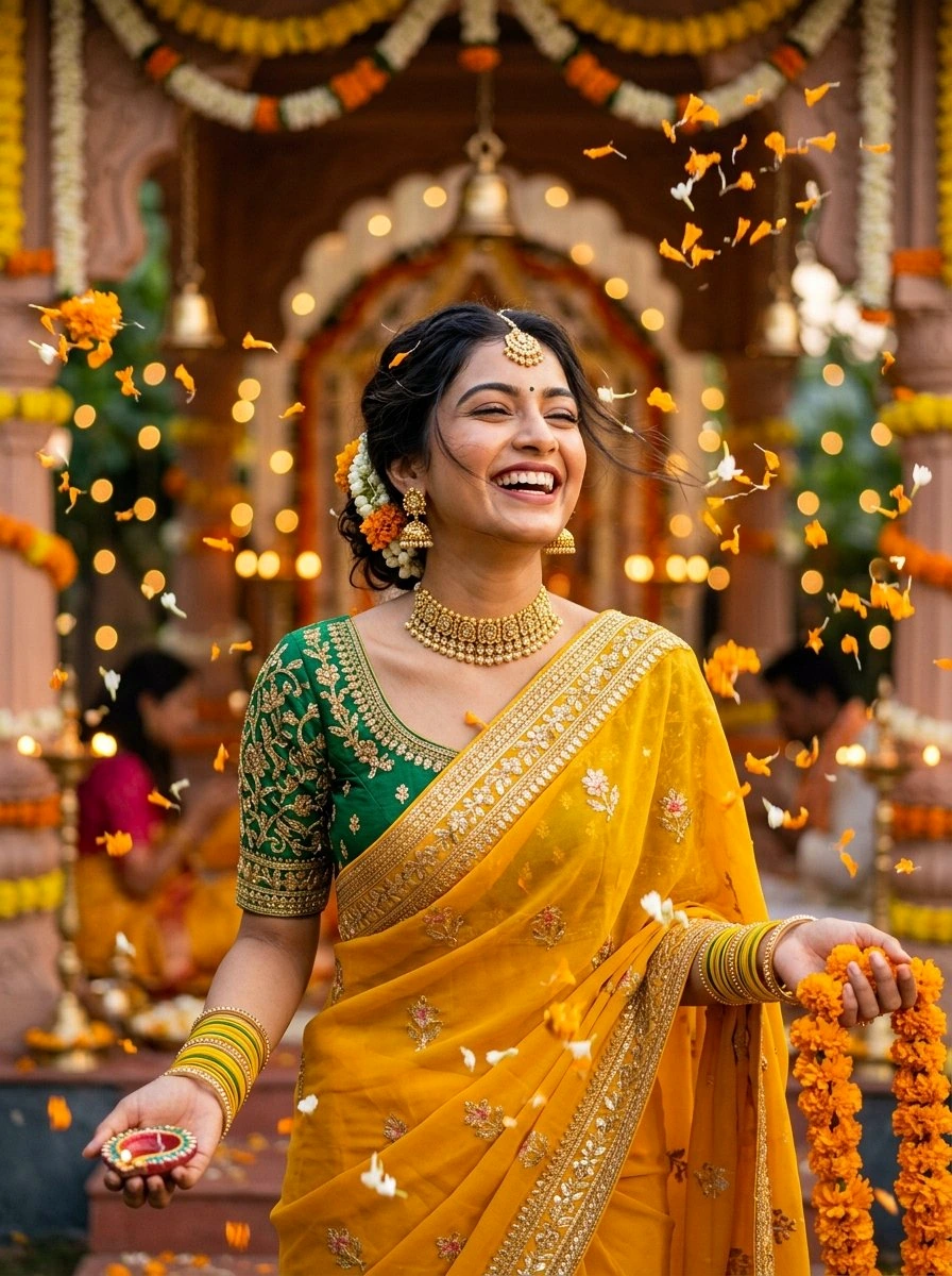 iPhone lock screen wallpaper: Happy Indian woman in yellow silk saree with marigold flower shower