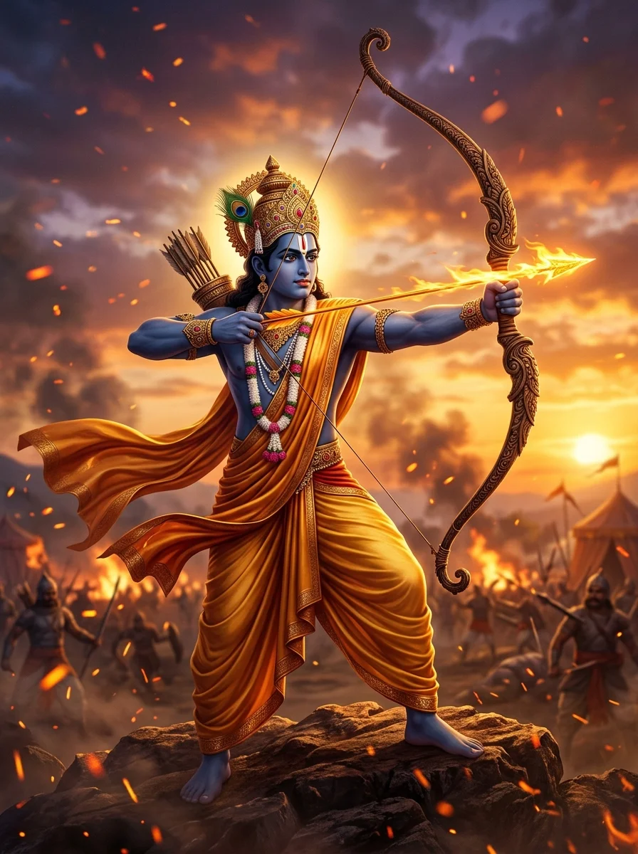 Jai Shree Ram AI photo prompt drawing Kodanda bow with blazing golden arrow at amber twilight on Vijayadashami