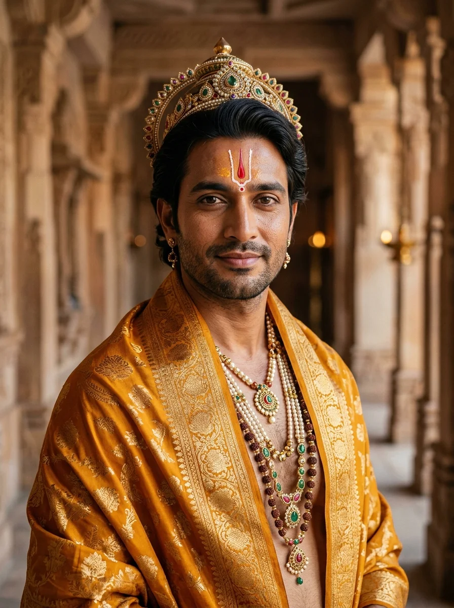 Jai Shree Ram AI photo prompt editorial close up with glowing Surya Tilak on forehead and sandstone temple architecture