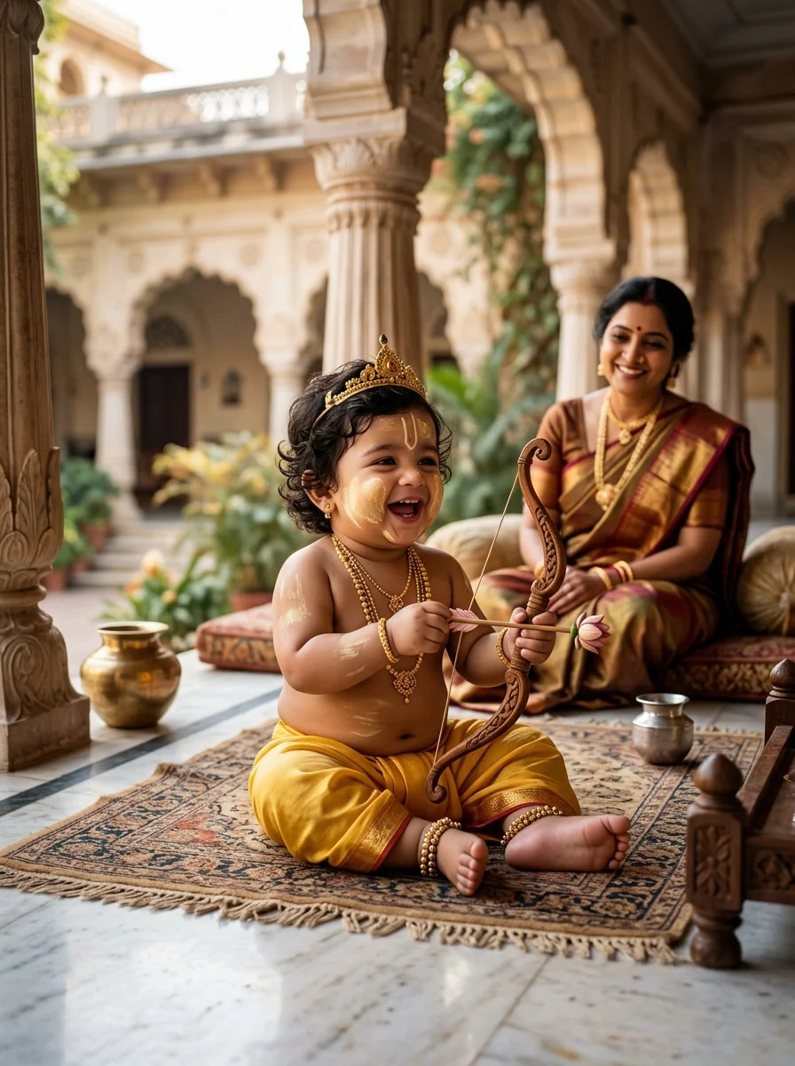 Jai Shree Ram AI photo prompt toddler Little Ram playing on palace verandah with wooden toy bow and lotus arrow