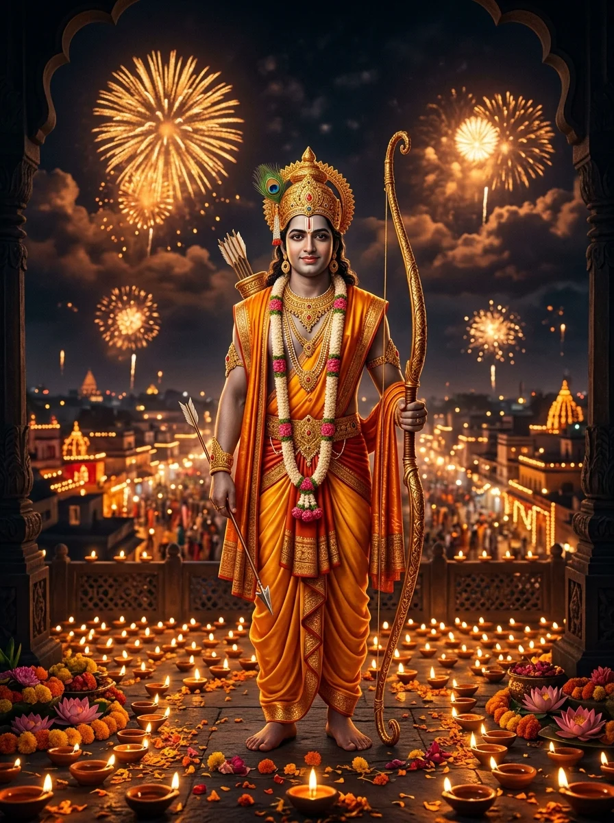 Jai Shree Ram AI photo prompt Vijayadashami Dussehra victory night with fireworks and glowing diyas on hilltop terrace