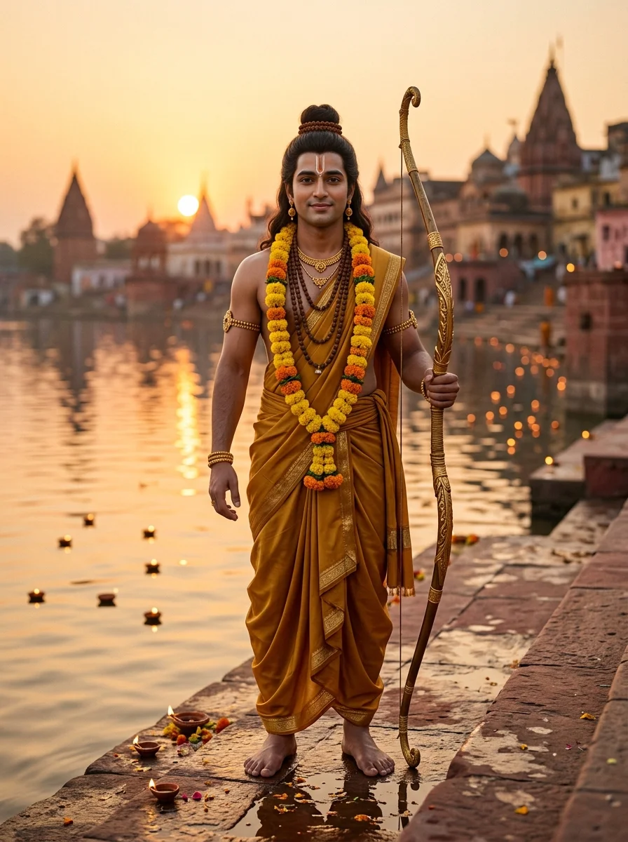 Jai Shree Ram AI photo prompt at Sarayu river ghat steps with floating diyas and sunset reflections in Ayodhya