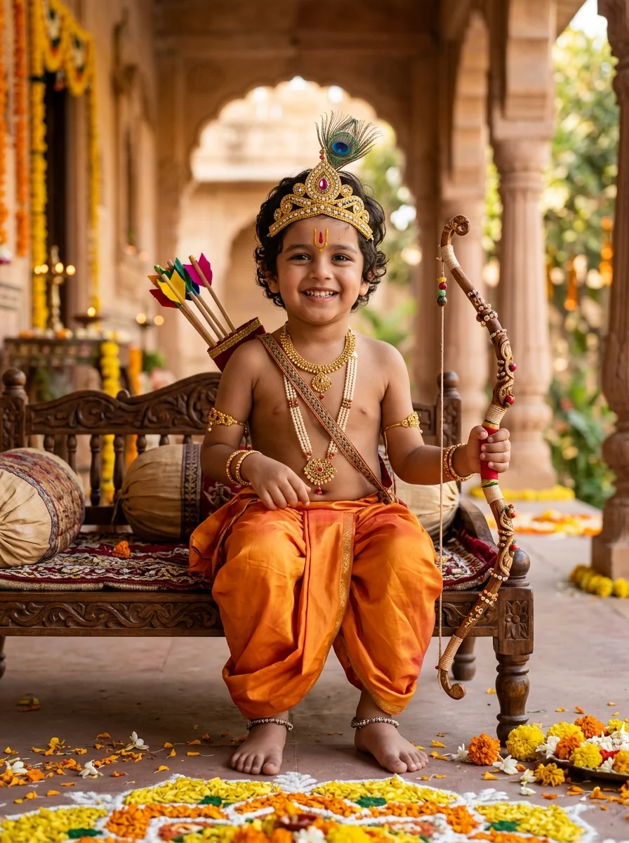 Jai Shree Ram AI photo prompt cute baby boy styled as Bal Ram with tiny wooden bow and flower arrow for Dussehra photoshoot