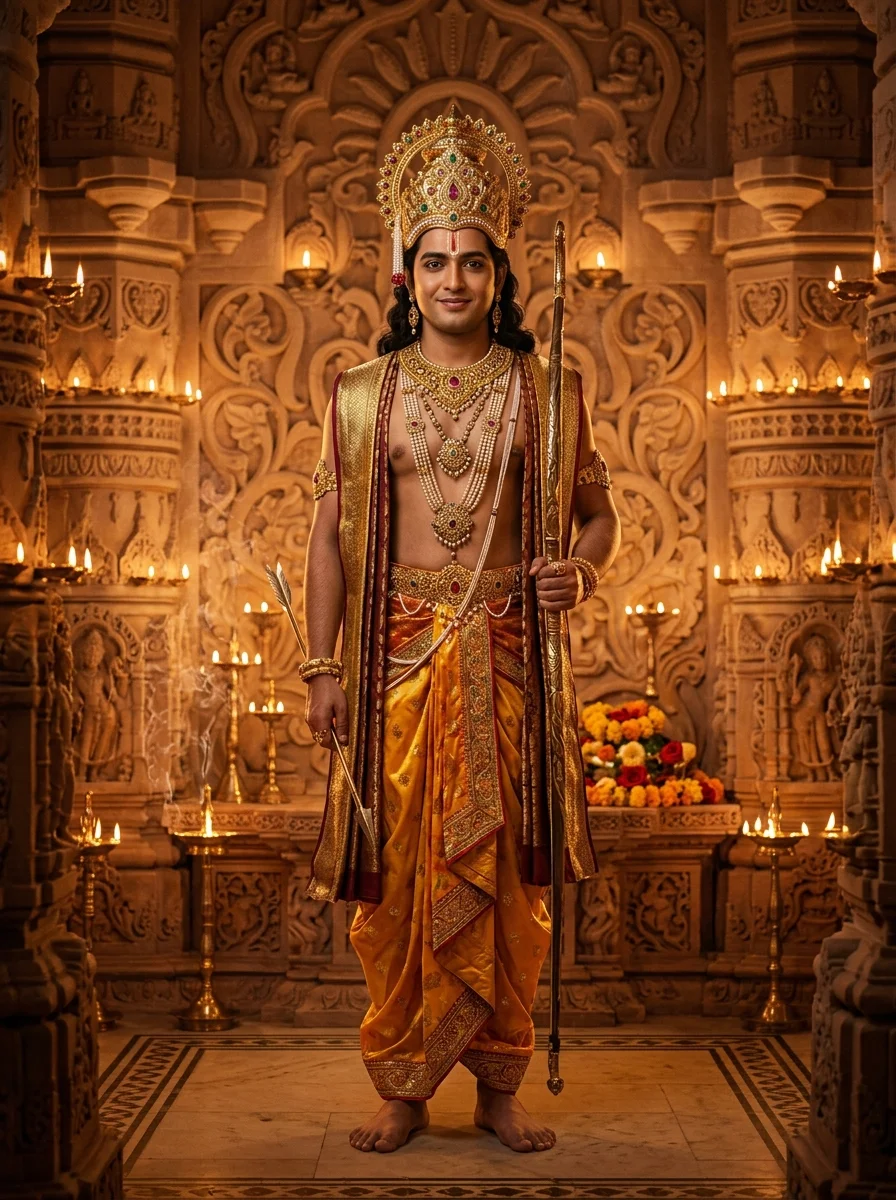 Jai Shree Ram AI photo prompt inside Ayodhya Ram Mandir carved sandstone sanctum with flickering golden brass oil lamps