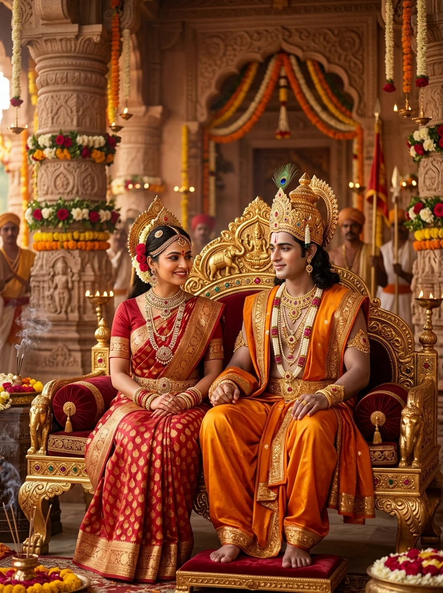 Jai Shree Ram AI photo prompt Ram Darbar coronation Pattabhishekam Lord Ram and Mata Sita on golden throne