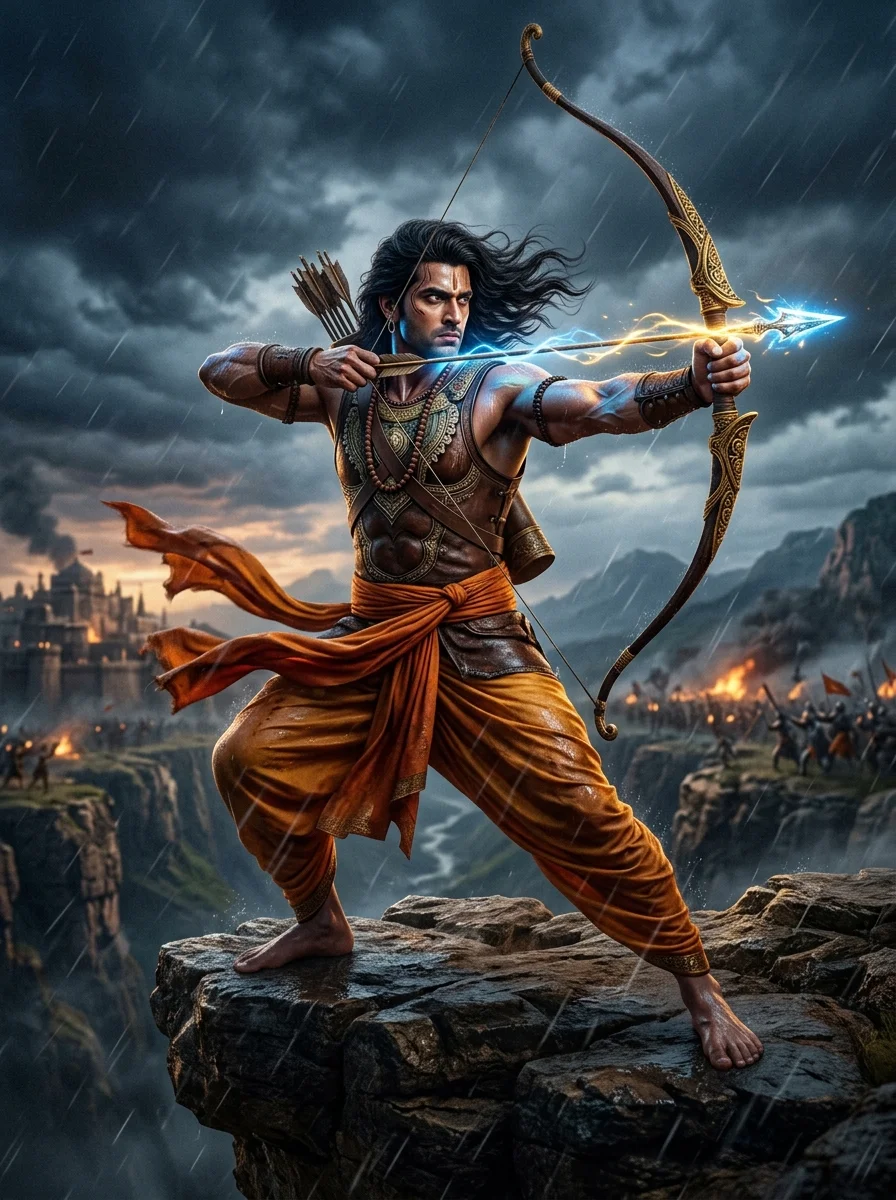 Jai Shree Ram AI photo prompt warrior stance on cliff edge with celestial glowing arrow tip and rain droplets